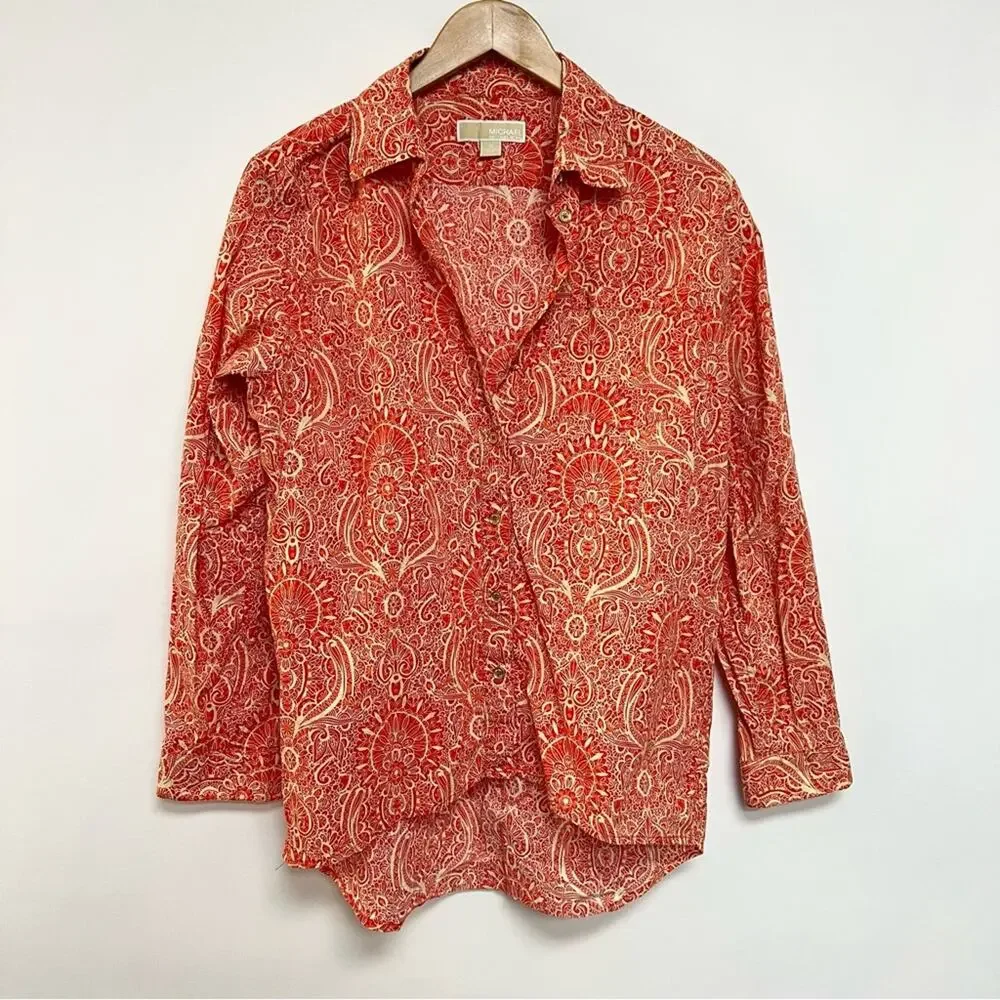Michael Kors Paisley Print Button Down Shirt Long Sleeve 100% Cotton Orange M